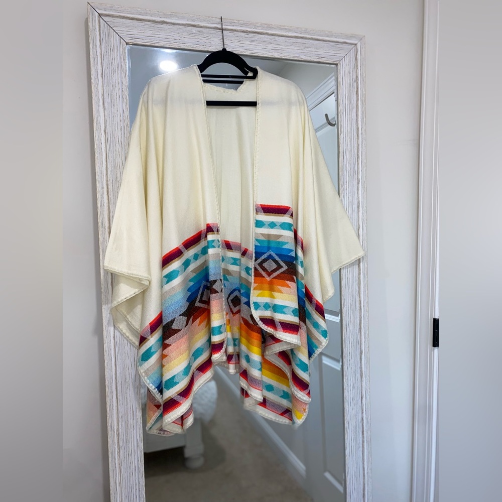Cream Multicolor Patterned Women's Poncho